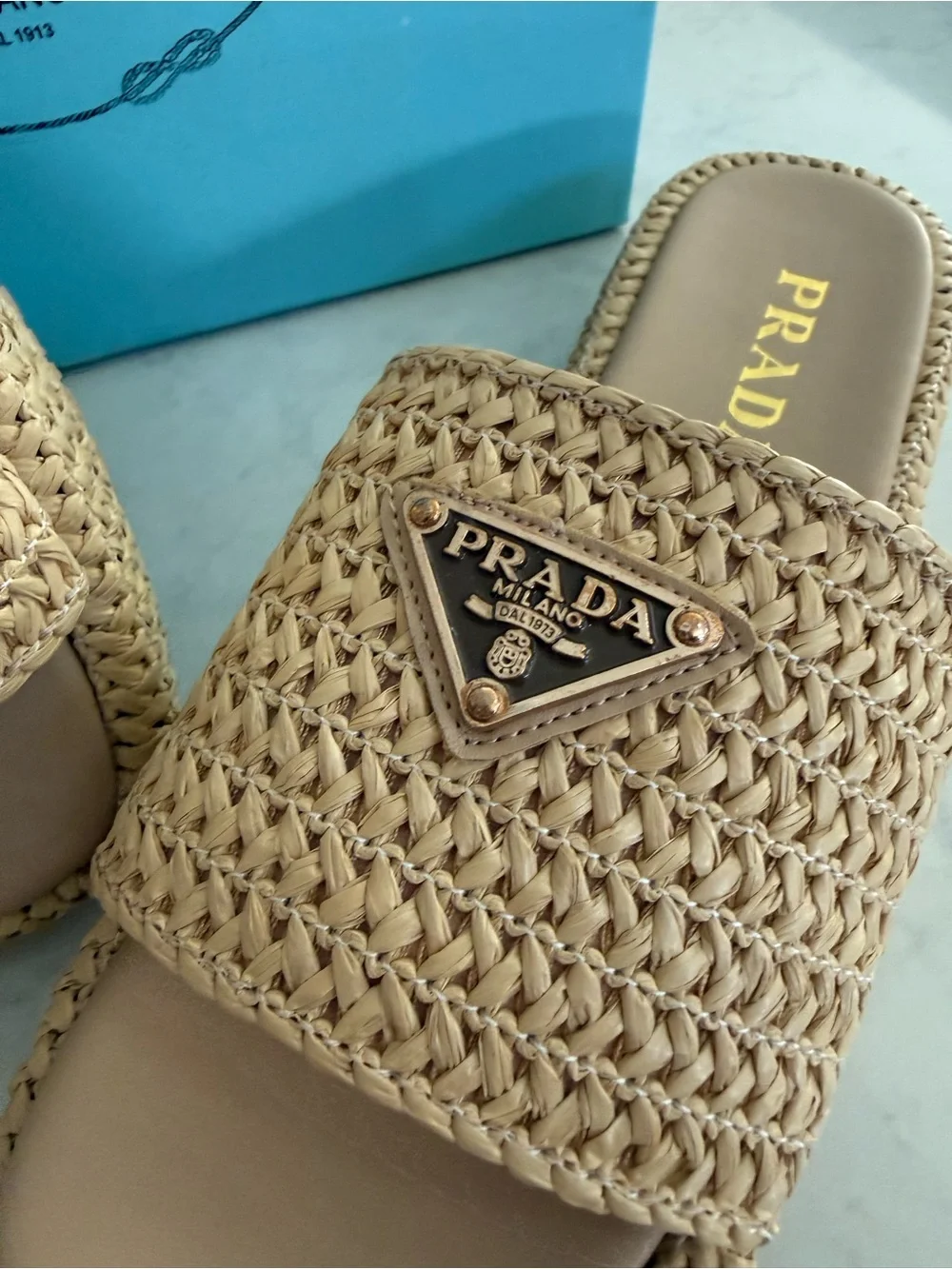 Beige Woven Slide Sandals
